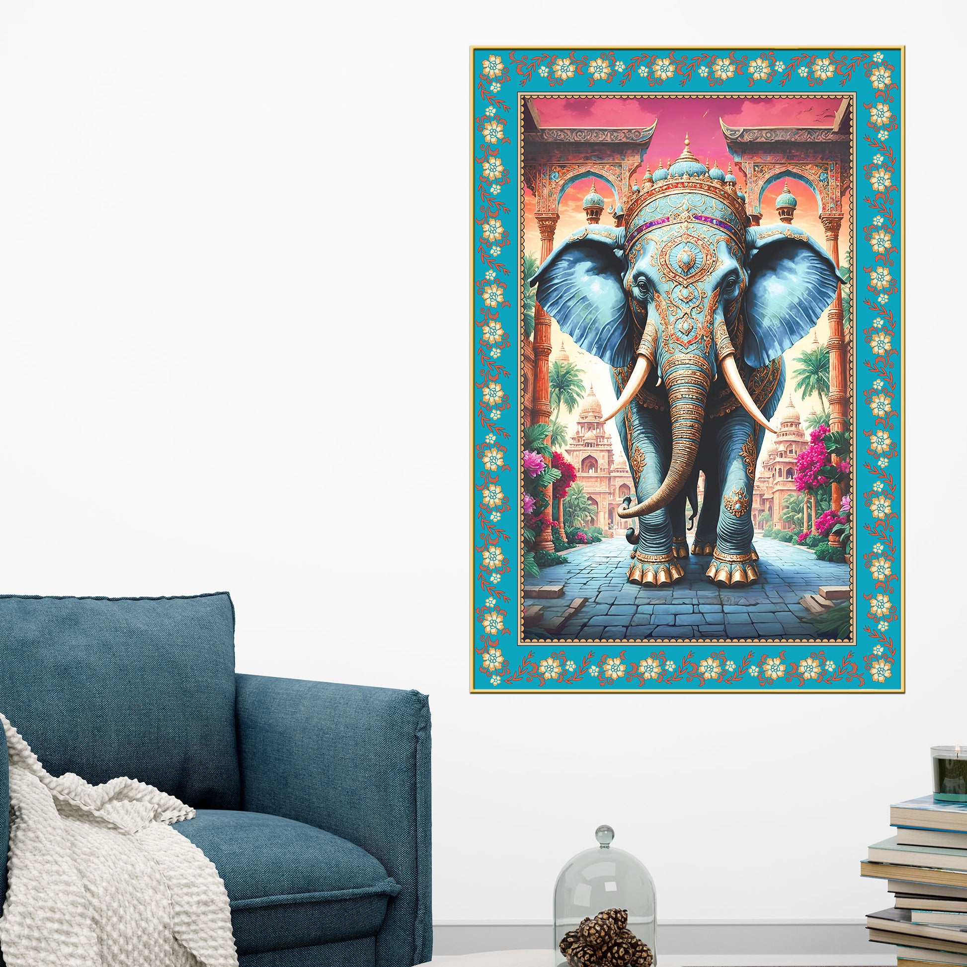 Powerful Gajanan Floral Border Vertical Canvas Wall Painting