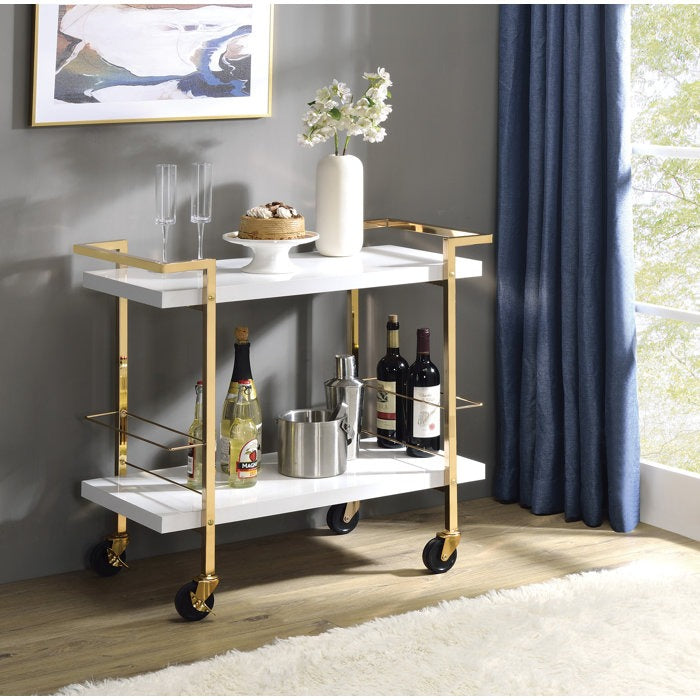 Rolling White Bar Trolley with Sophisticated Golden Metal Finish