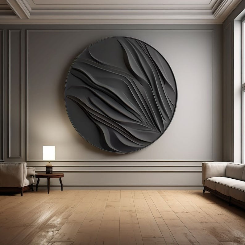 Round Black 3D Wall Art Panel with Flowing Abstract Design