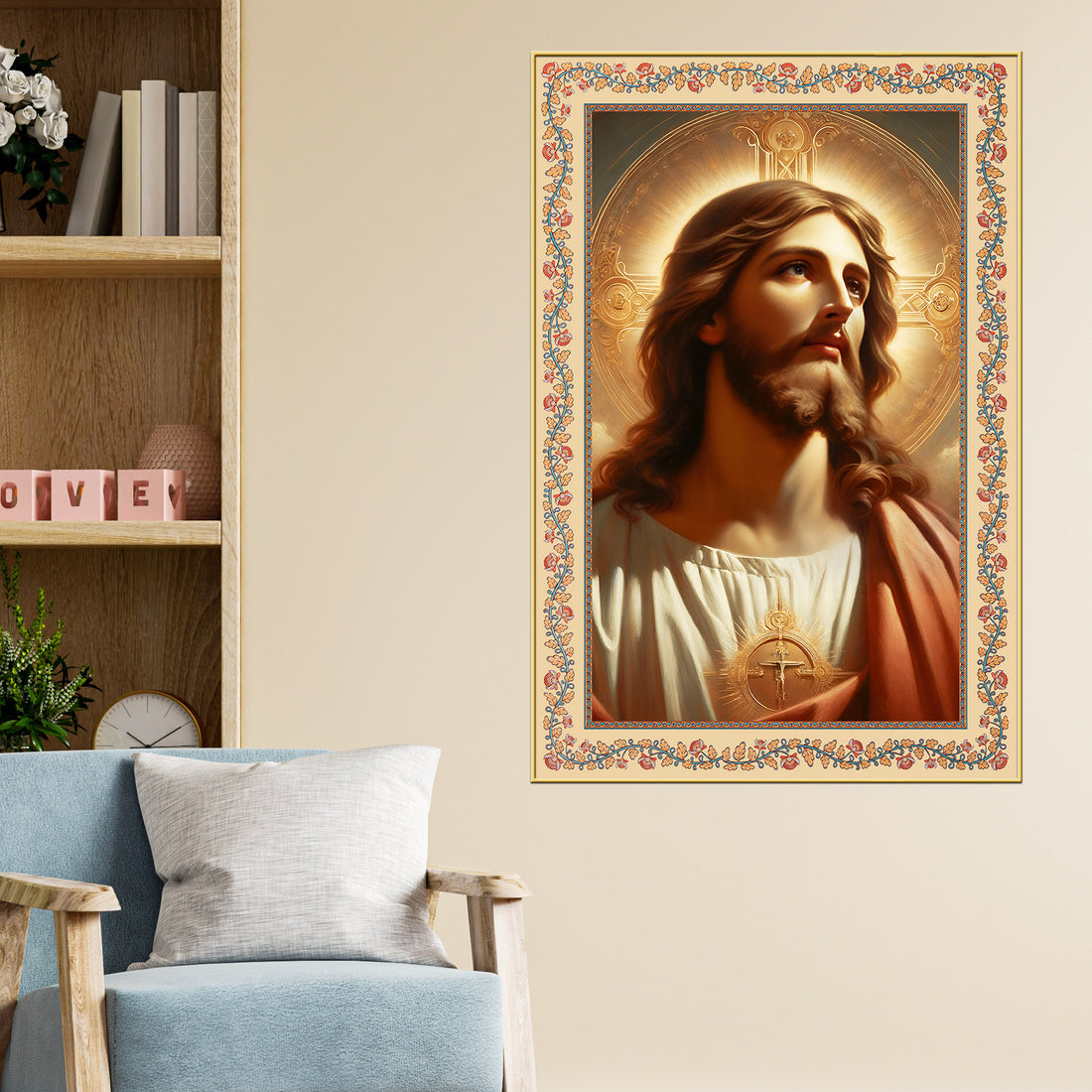 Sacred Savior Jesus Floral Border Vertical Canvas Wall Painting