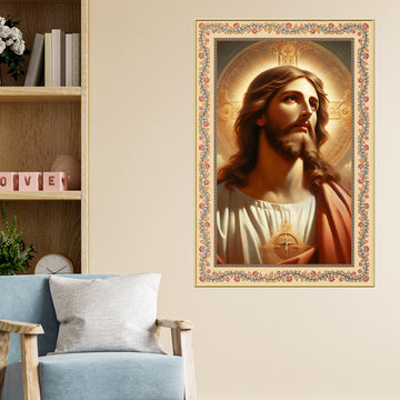 Sacred Savior Jesus Floral Border Vertical Canvas Wall Painting