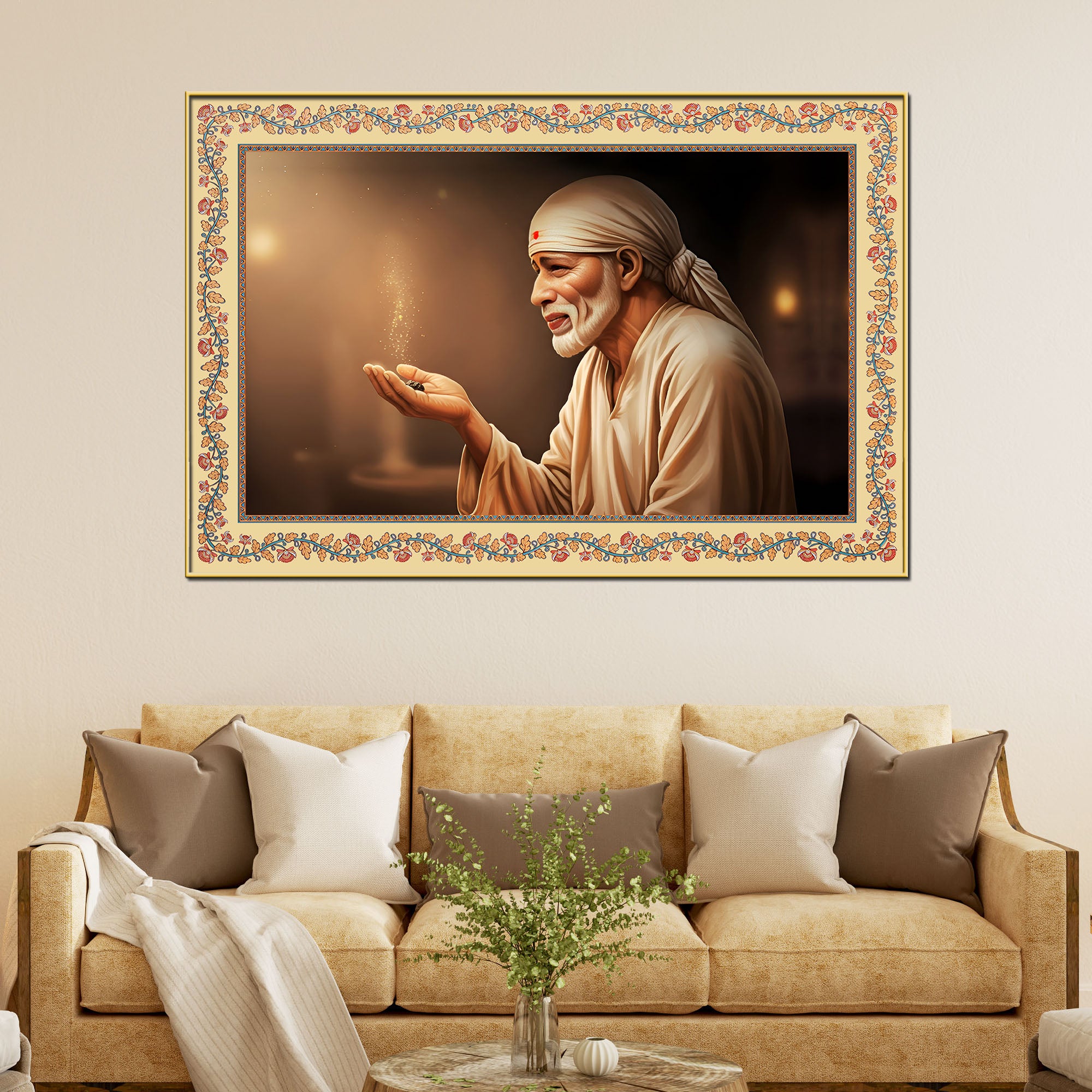 Sacred Shirdi Sai Baba Floral Border Canvas Wall Painting