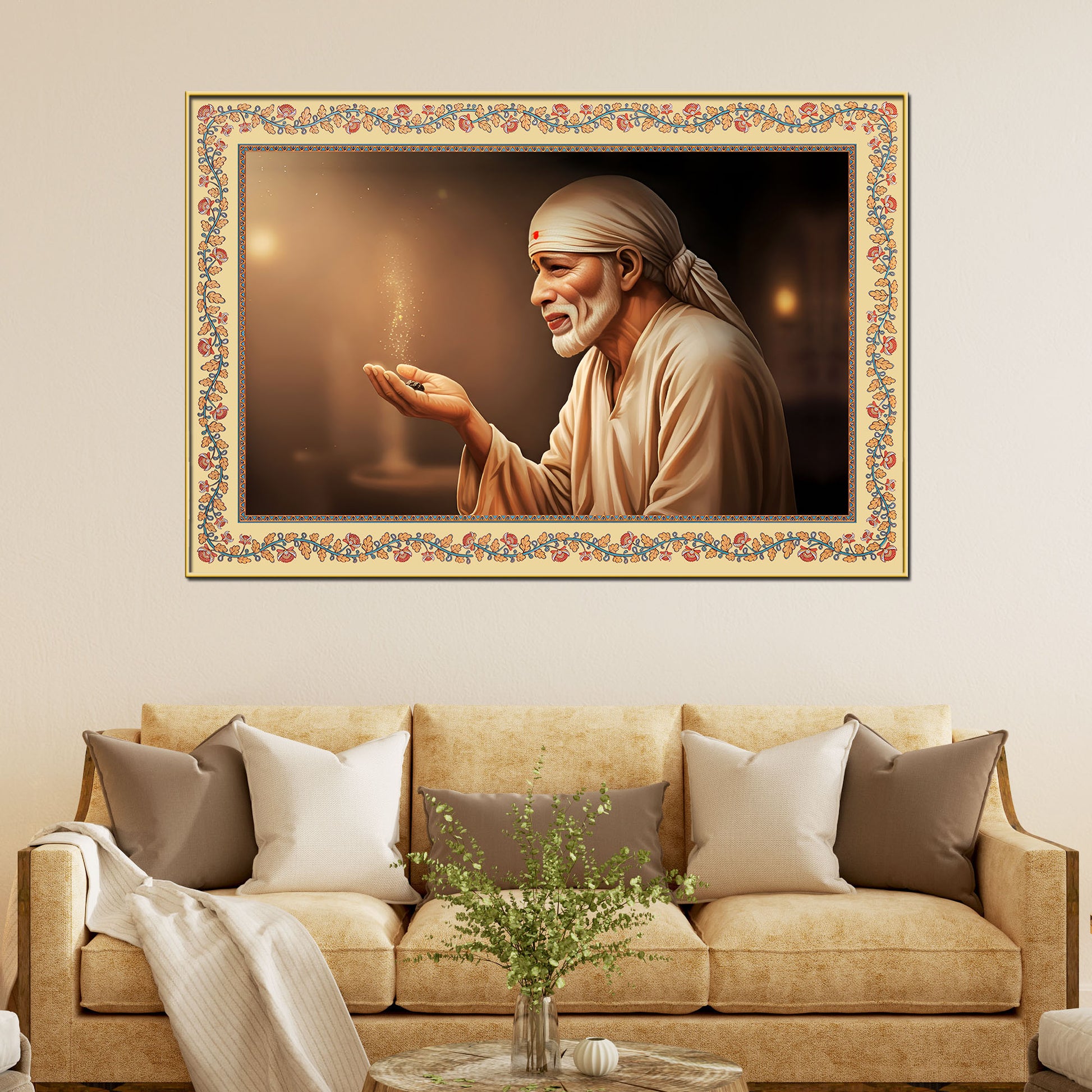 Sacred Shirdi Sai Baba Floral Border Canvas Wall Painting