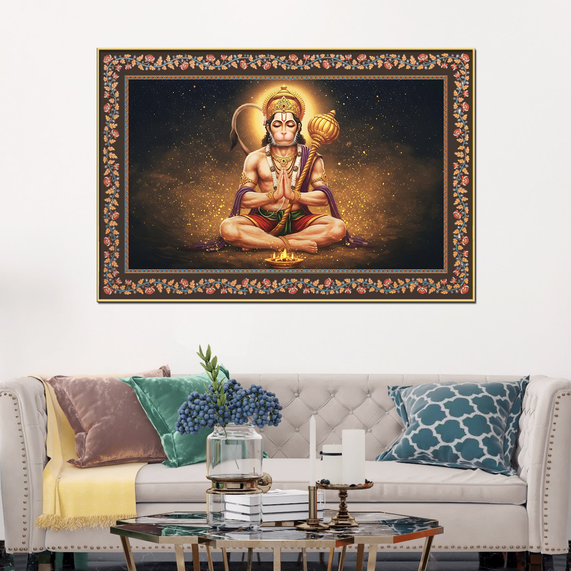 Shri Bajrangi Hanuman Floral Border Canvas Wall Painting