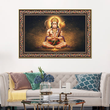 Shri Bajrangi Hanuman Floral Border Canvas Wall Painting