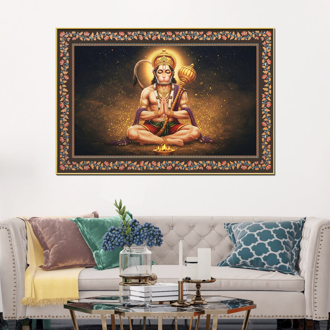 Shri Bajrangi Hanuman Floral Border Canvas Wall Painting