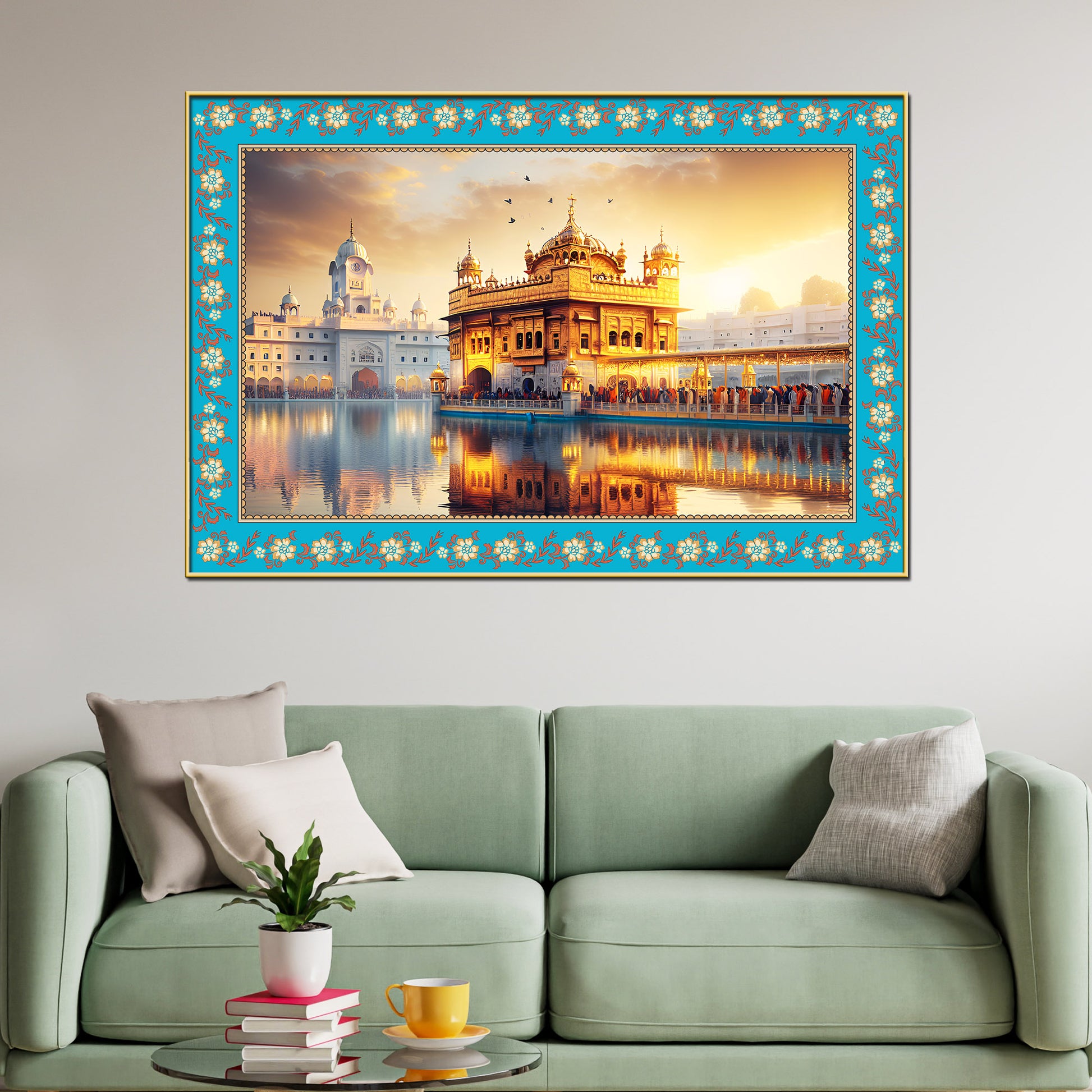 Sri Harmandir Sahib Gurdwara Floral Border Canvas Wall Painting