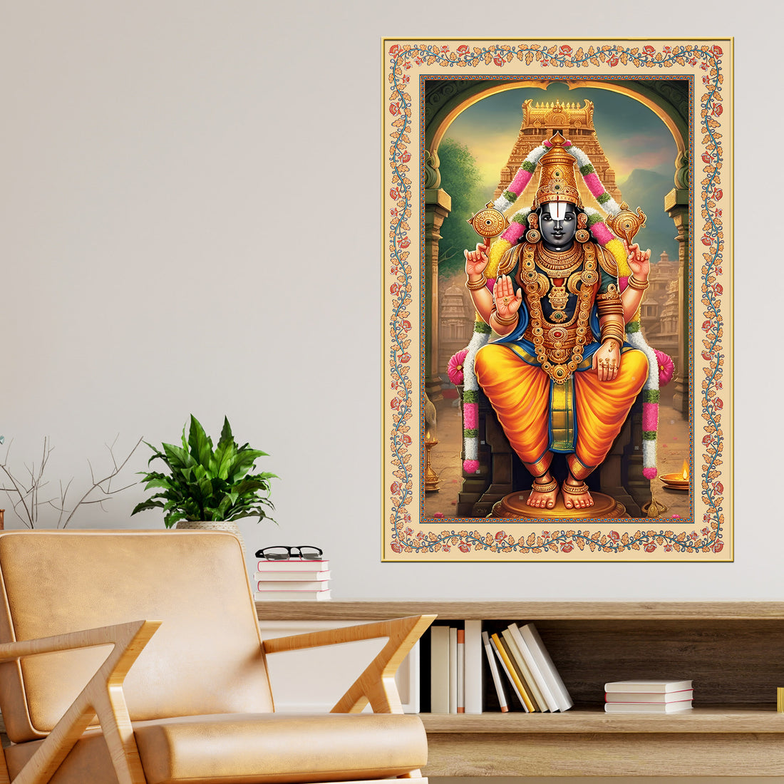 Sri Tirupati Balaji Floral Border Vertical Canvas Wall Painting