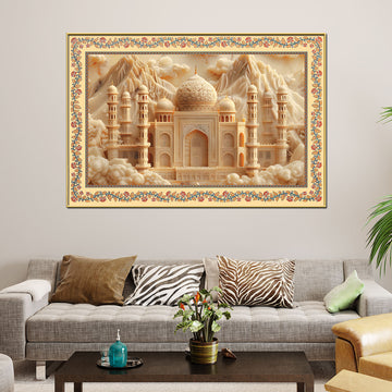 Taj Mahal Majestic Mosque Floral Border Canvas Wall Painting