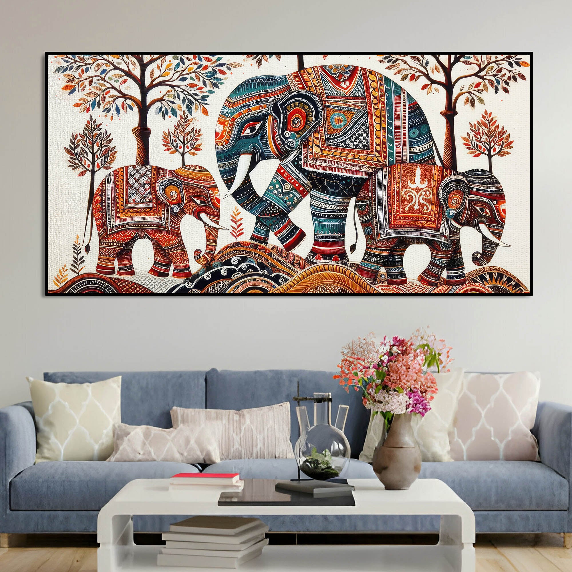 Traditional Three Artistic Elephant Art Canvas Wooden Wall Painting