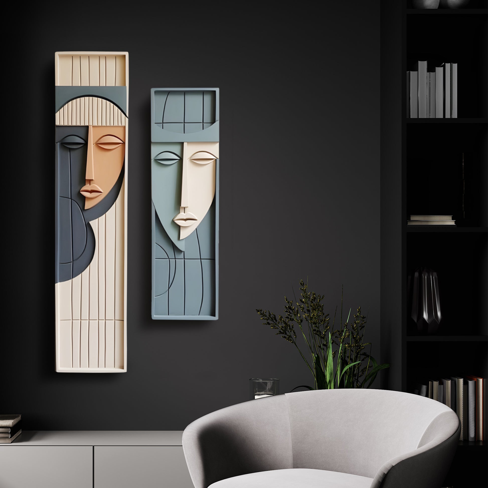 Twin Faces Modern 3D Wall Sculpture in Frames