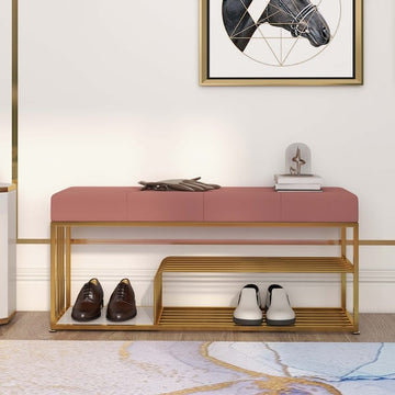 Upholstered Pink Velvet Luxurious Golden Shoe Rack Bench Organizer