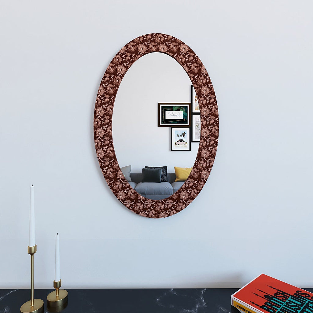 Beautiful Floral Print Maroon Oval Printed Mirror