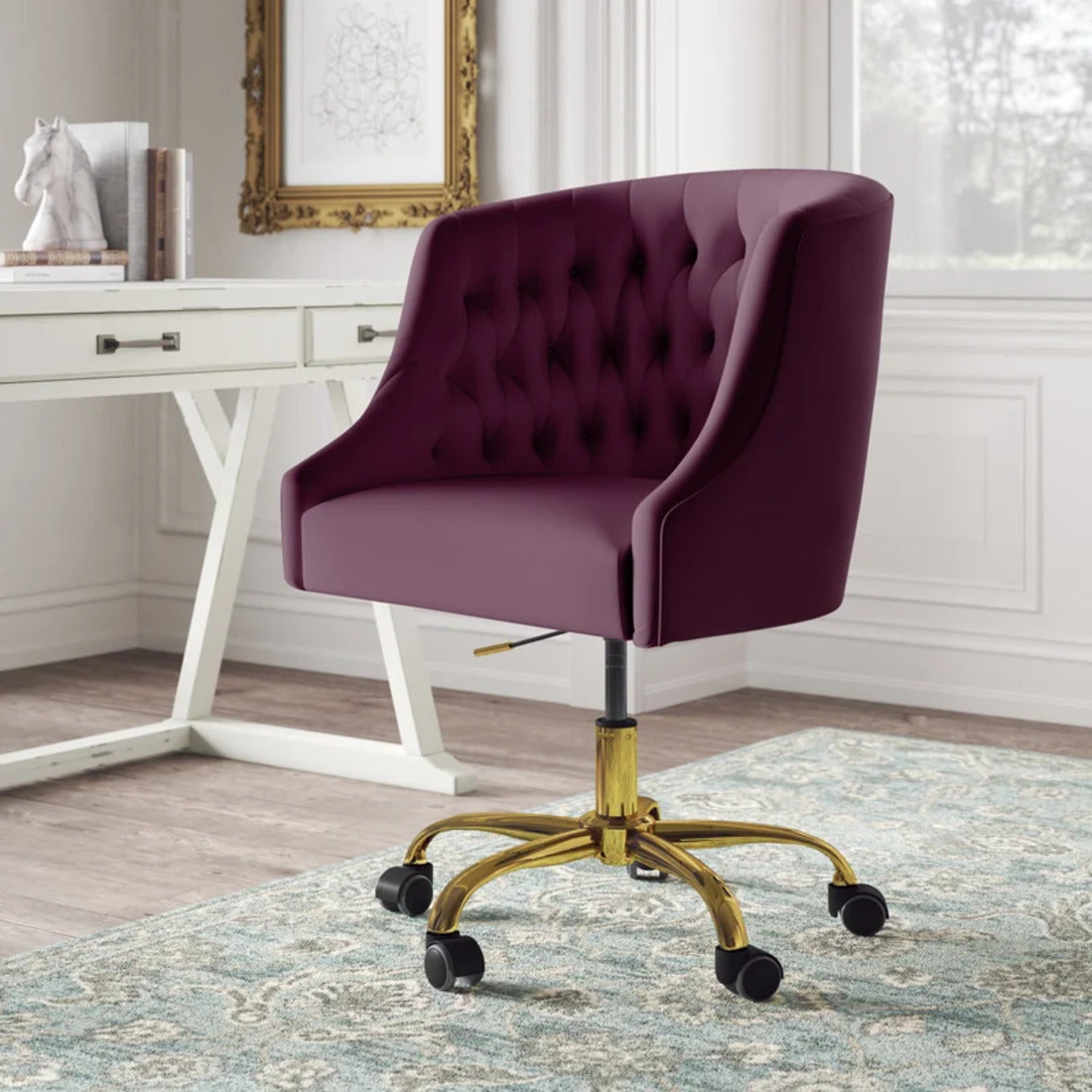 Comfort Tufted Back Magenta PU Foam Accent Chair with Golden Base