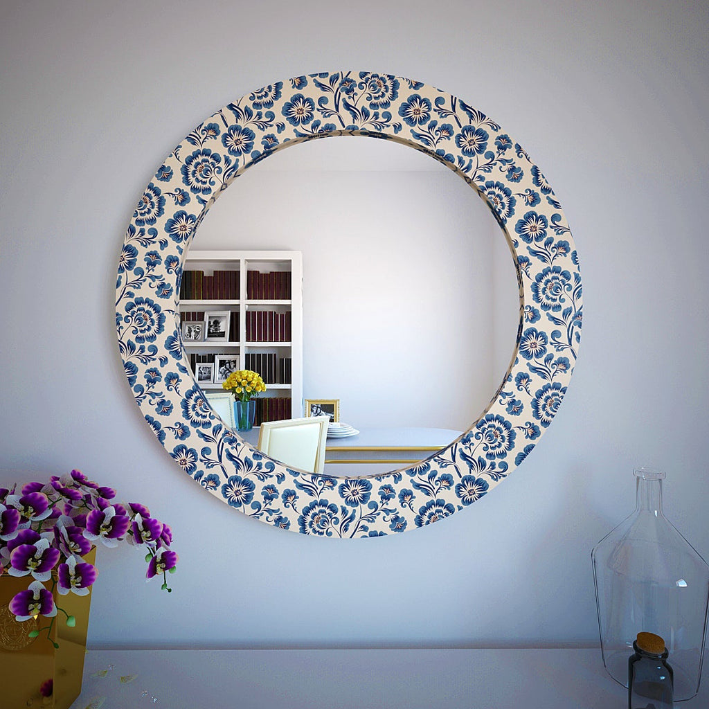Premium Round Enchanting Blue Flowers Printed Frame Wall Mirror