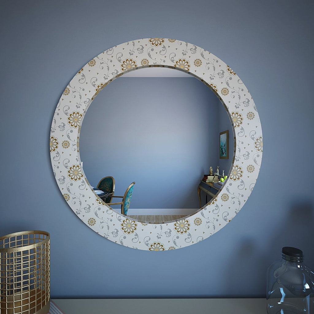 White Frame Floral Printed Round Wall Mirror
