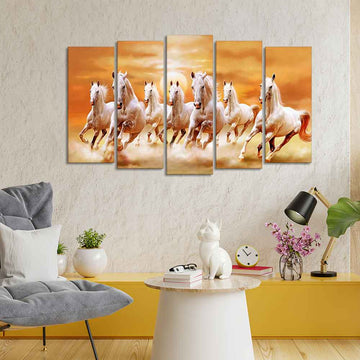 White Running Seven Horses 5 Pieces Premium Wall Painting