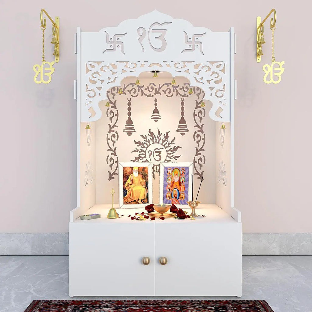 White Wooden Floor Pooja Mandir with Ik Onkar & Swastik Design Ornate Arch Laser-Cut Bell Motifs &Cabinet