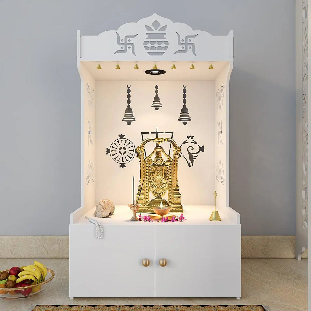 White Wooden Floor Pooja Mandir with Kalash & Swastik Design Laser-Cut Bell Shankh & Chakra Motifs & Storage Cabinet